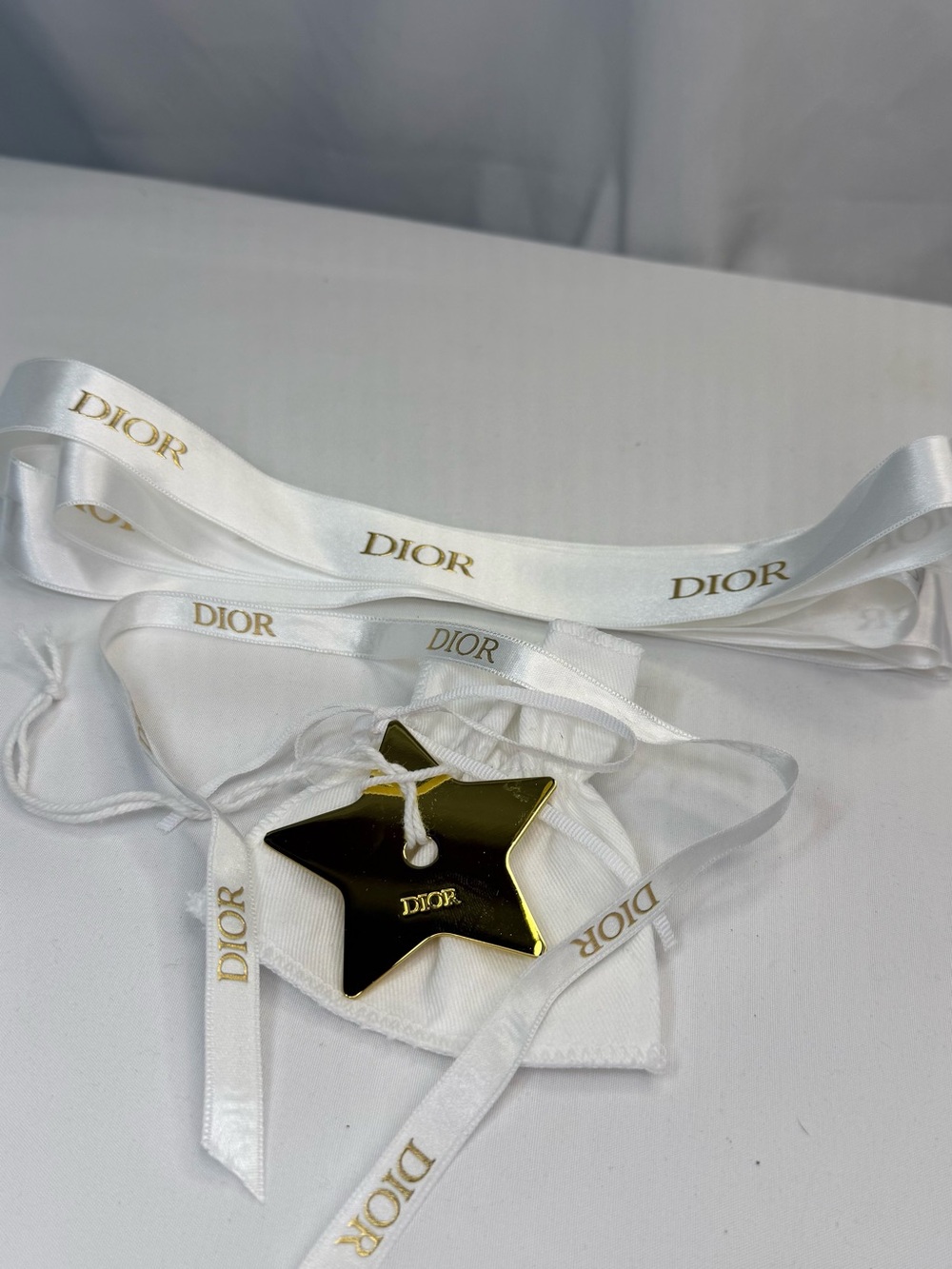 Dior Gold Star Ornament, White 1” Wide x 117” Ribbon, 1/2” Wide x 9” Ribbon NWOT